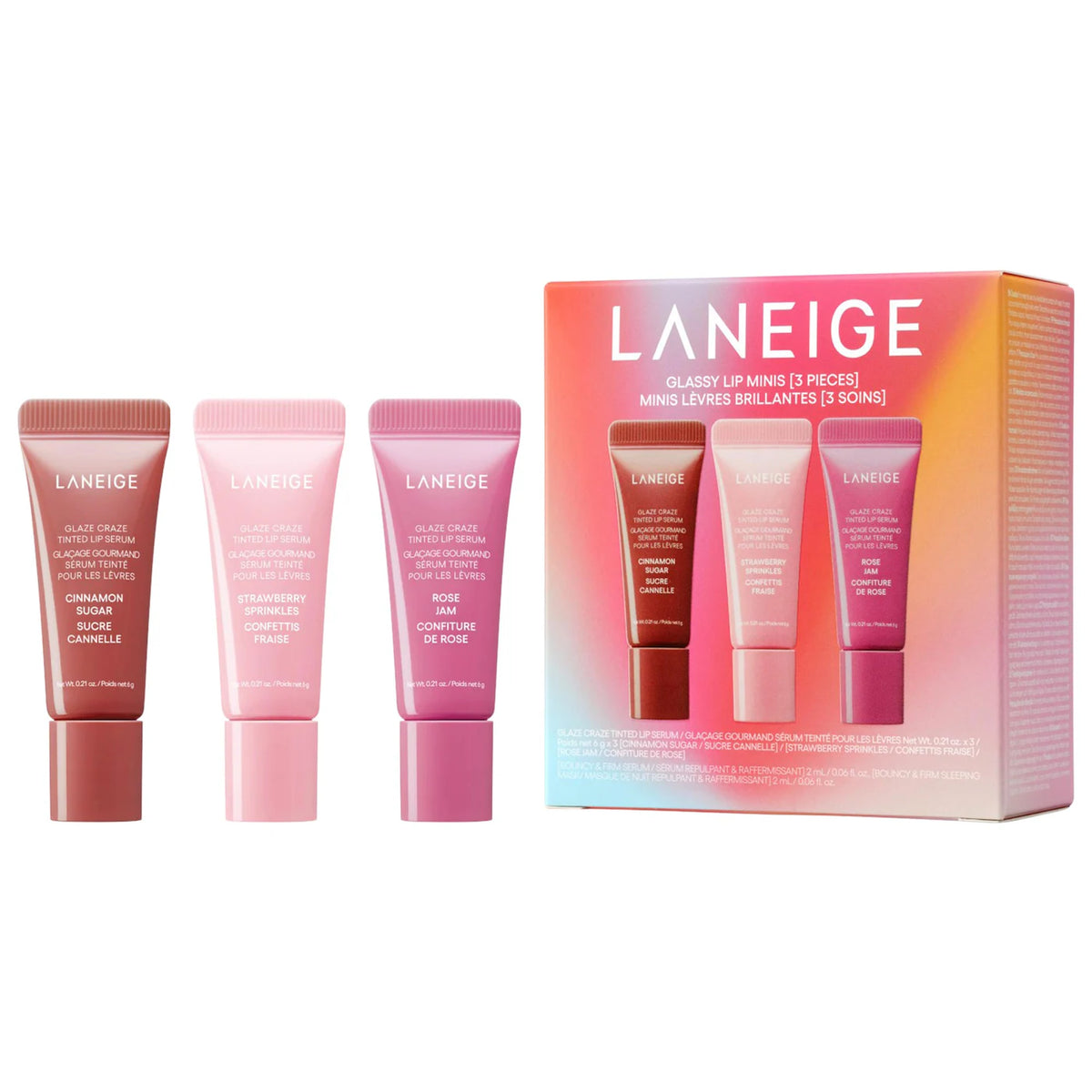 LANEIGE Glassy Lip Minis 3 Pc. Glaze Craze Tinted Peptide Lip Serum Gift Set