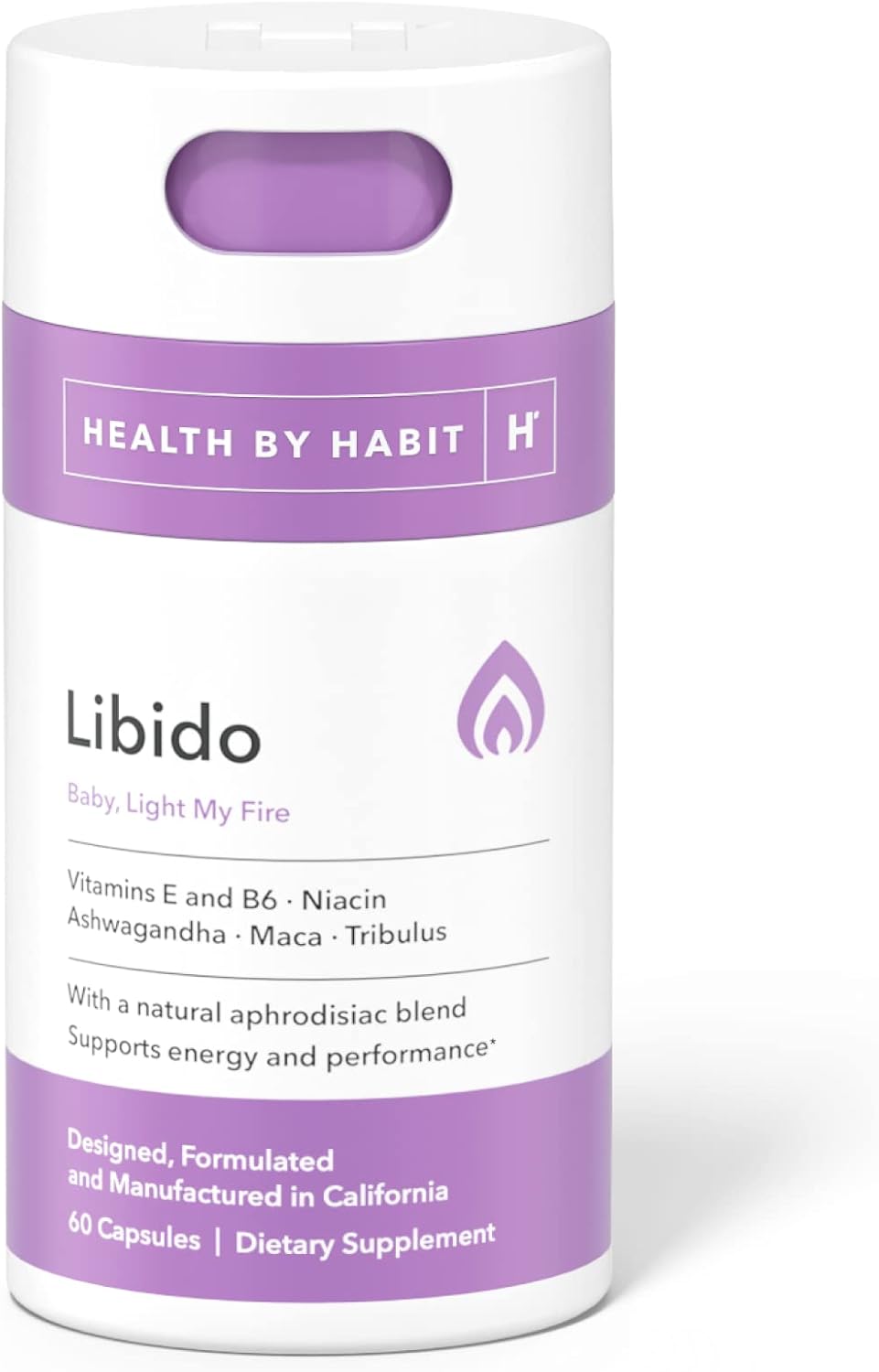 Suplemento Health by Habit Libido en frasco blanco con etiqueta morada
