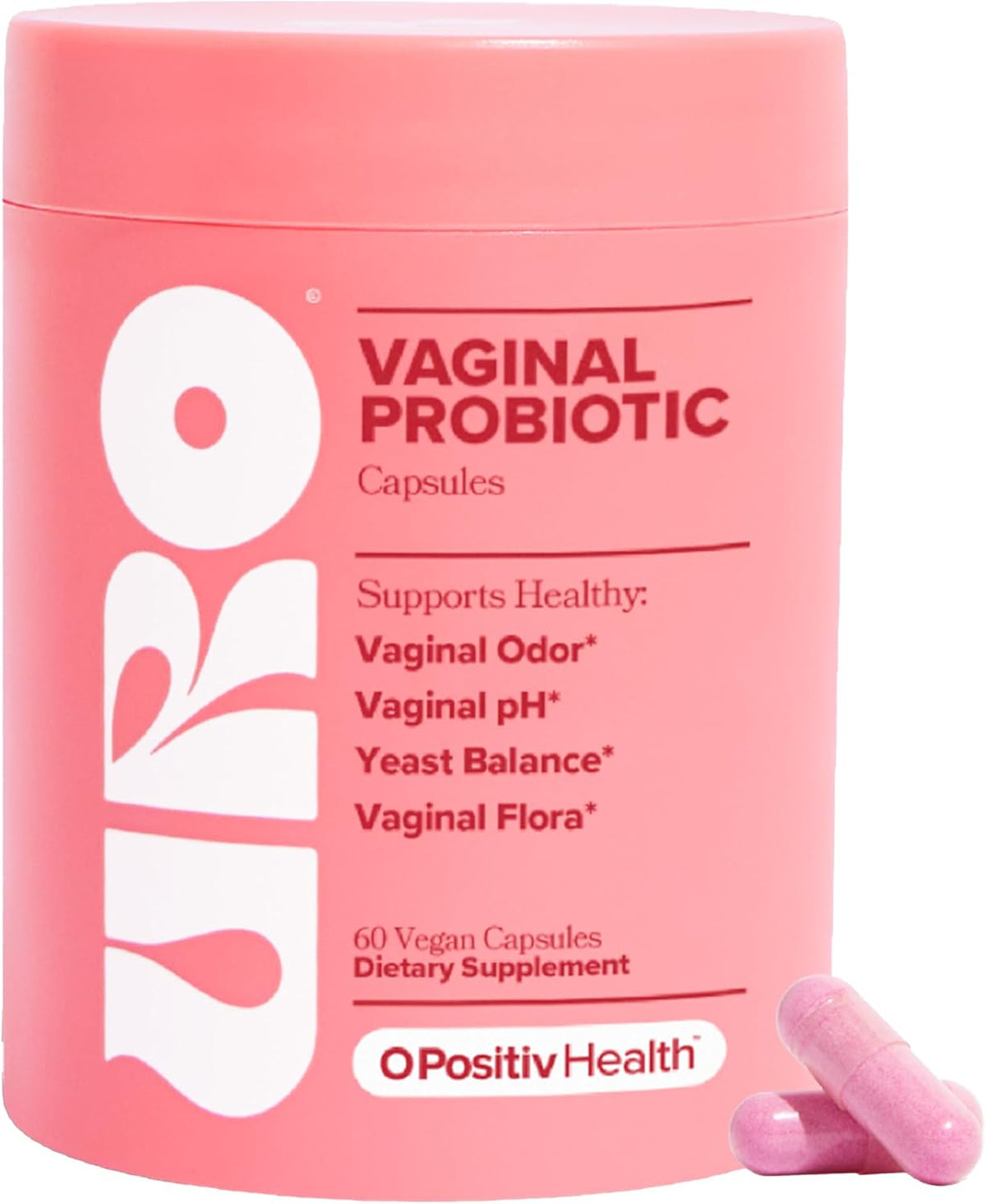 Probiótico vaginal URO de O Positiv en caja rosa con 60 cápsulas
