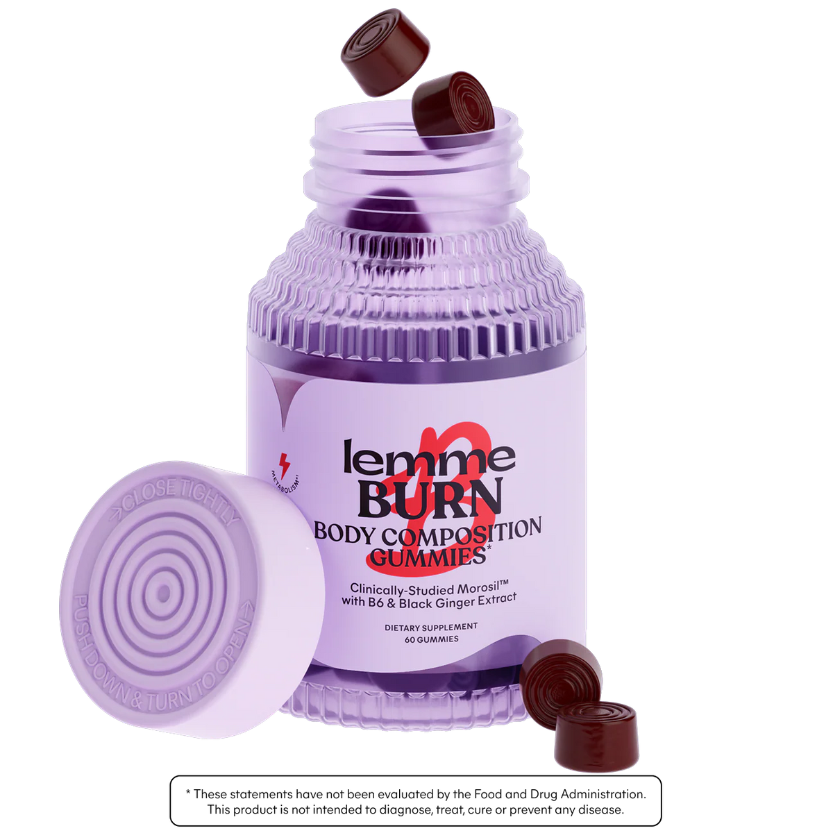 Gomitas Lemme Burn para apoyar el metabolismo en frasco morado abierto