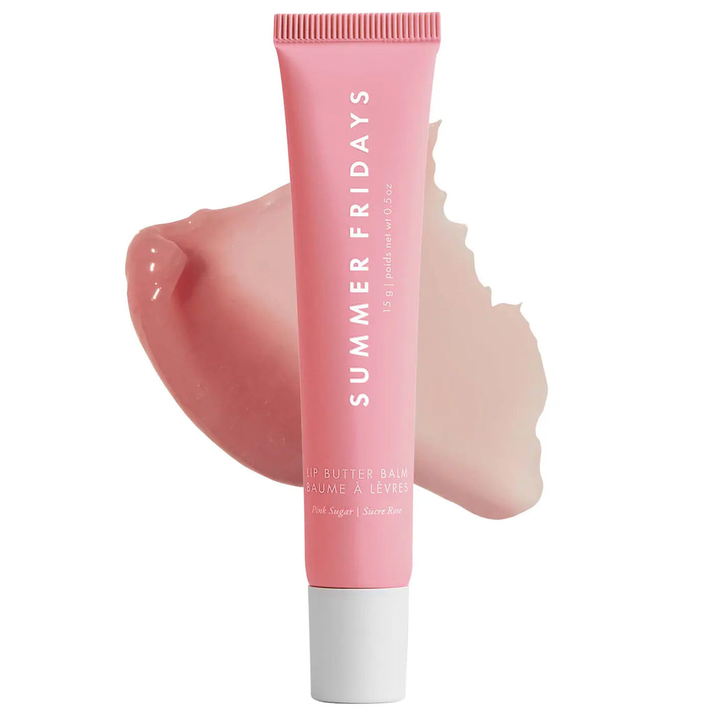 Bálsamo labial Summer Fridays Lip Butter Balm en tubo rosa con muestra de tono nude