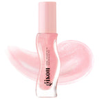 Aceite labial Gisou Honey Infused Lip Oil en tono rosa claro con muestra de brillo