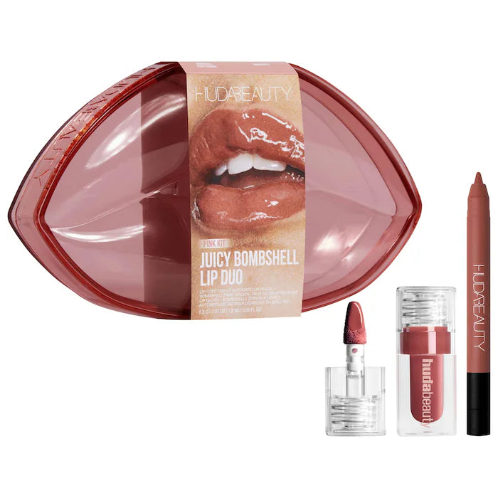 Set Huda Beauty Juicy Bombshell con gloss y delineador de labios en estuche rosa