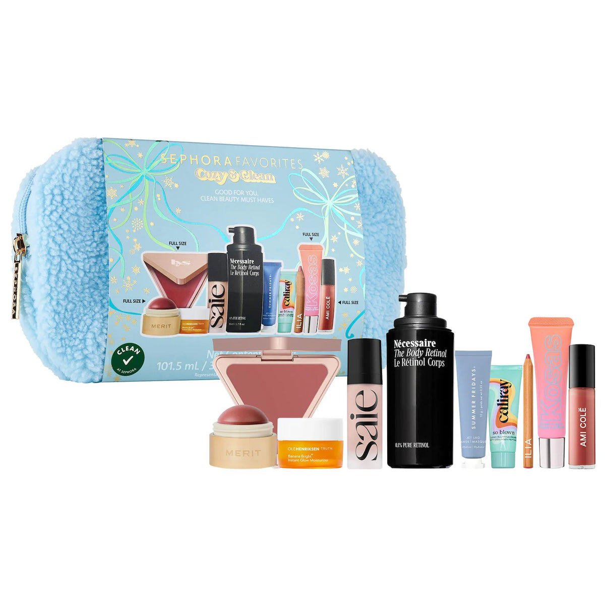 Set Sephora Favorites Cozy and Clean con maquillaje y skincare en cosmetiquera azul