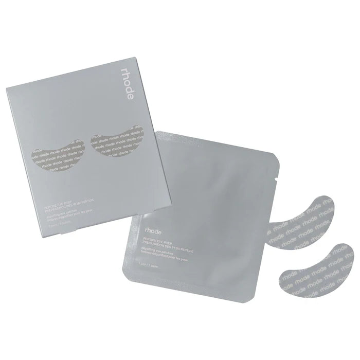 Parches de hidrogel Rhode Peptide Eye Prep en sobres grises con logotipo